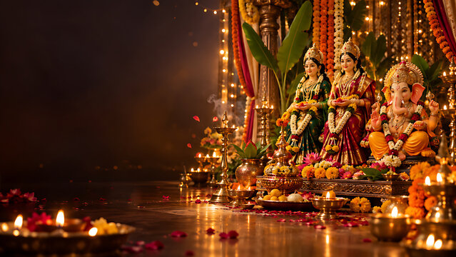 Auspicious Gauri Ganpati Festival Celebration with Goddess Gauri and Lord Ganesha, Traditional Marathi Culture, Puja Decor and Festive Worship