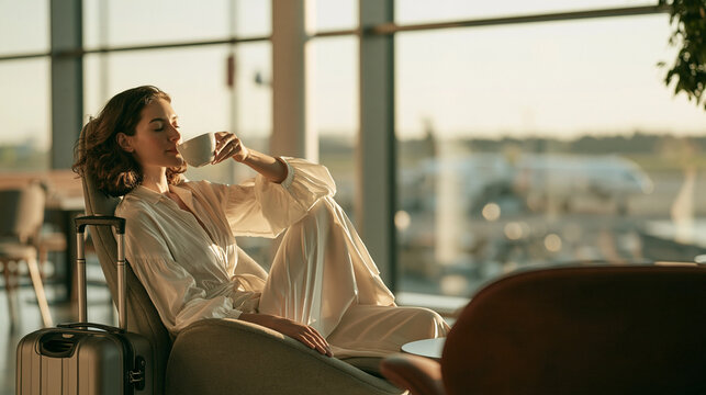 Elegant young woman with eyes closed relaxing and drinking a cup of coffee or tea in a luxury airport lounge with her suitcase waiting for a flight during a golden sunset or sunrise