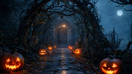 Fototapeta premium Spooky Halloween night scene, glowing carved pumpkins lining a dark, eerie path leading to a mysterious gate, full moon in a blue sky, atmospheric and mystical for holiday designs