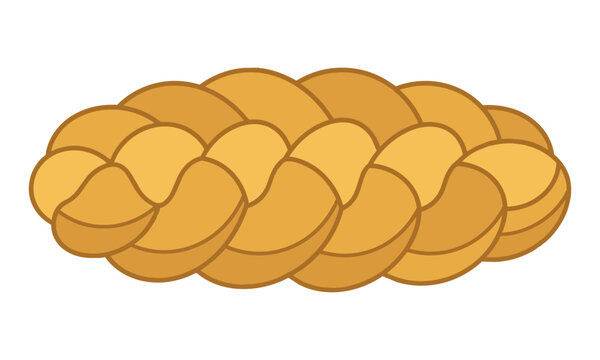 Braided challah loaf with simplified segments in a warm golden palette, clean flat design style, isolated on white. Traditional food concept