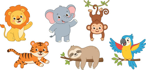 Fototapeta premium A collection of cute cartoon jungle animals including a lion elephant monkey tiger sloth and parrot.