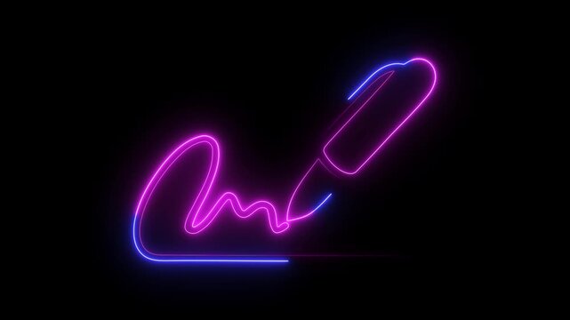 Dual-color neon outline of a pen signing a document with a flowing signature