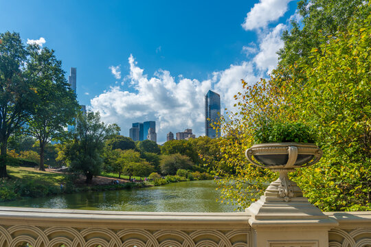 Bow Bridge overlooking the lake and Manhattan skyline in Central Park
