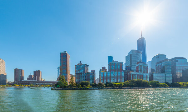 Manhattan skyline viewed from the Hudson River in the morning