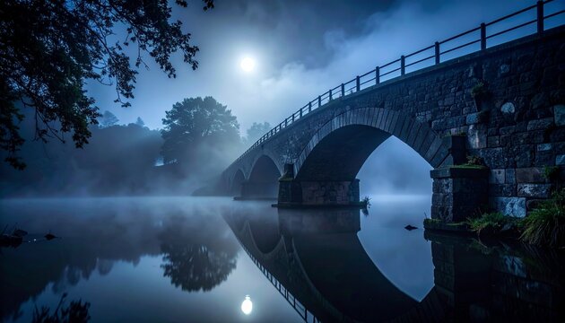 A narrow stone bridge over a silent river at night, low fog floating above the water, old bridge railings fading into darkness