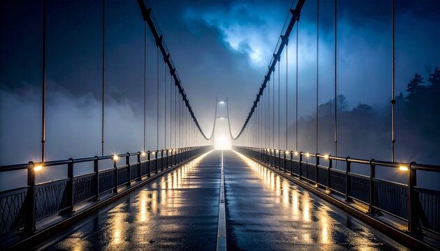 A suspension bridge enveloped in thick midnight fog, only a few small lights visible through the mist