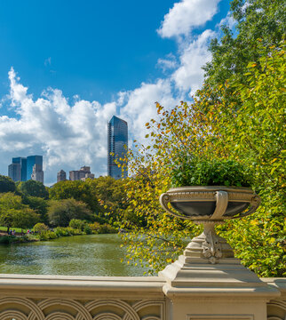 Vertical view of Bow Bridge overlooking the lake and Manhattan skyline