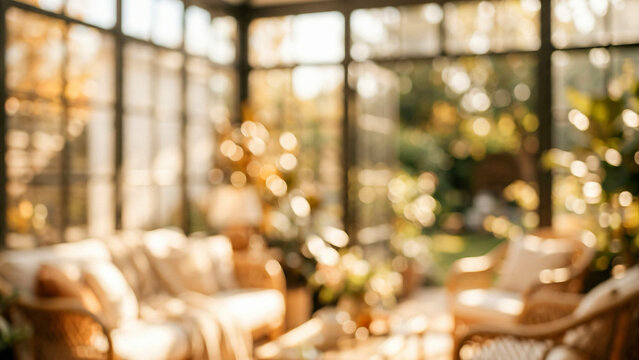 Glass conservatory view across a fully defocused interior of a bright sunroom sanctuary