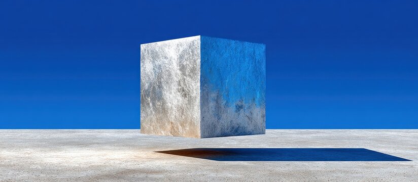 Large metal cube on concrete.