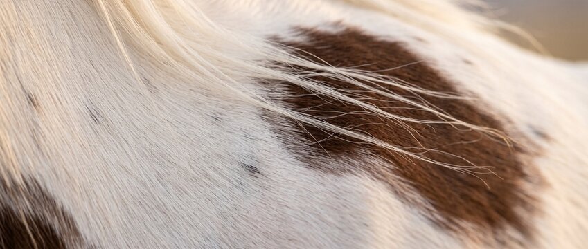 Close-up of a Pinto Horse Coat: A detailed macro shot showcasing the distinctive spotted coat and flowing mane of a pinto horse, highlighting the texture and patterns of its fur and hair.