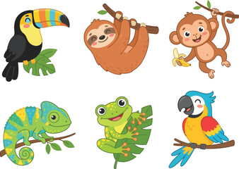 Fototapeta premium Set of cute cartoon tropical rainforest animals including a toucan sloth monkey chameleon frog and parrot.