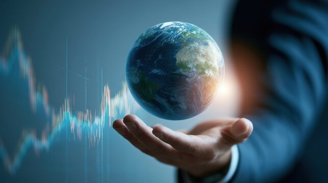 Businessman holding glowing earth planet with global financial data graph in background representing world economy and sustainable growth concept