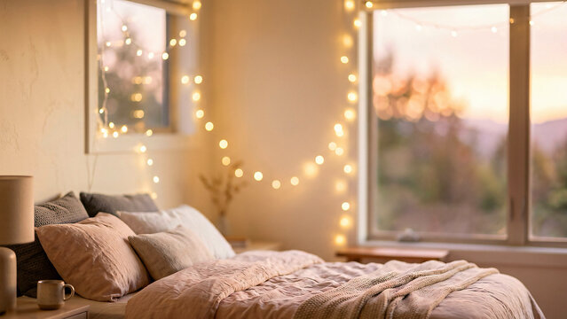 Velvety duvet on bed in soft dreamy out of focus a serene bedroom sanctuary with fairy lights
