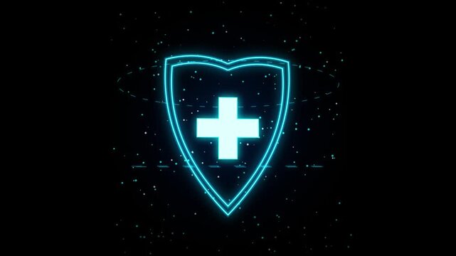Neon shield with medical cross glowing in dark background with particles