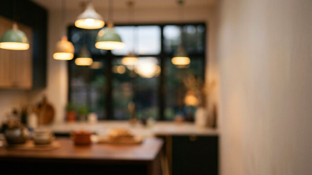 Ceramic dome pendant lights in a fully defocused interior of a modern kitchen