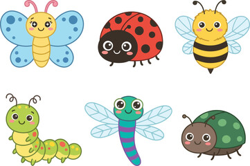 Fototapeta premium A collection of cute cartoon insects including a butterfly ladybug bee caterpillar dragonfly and beetle.