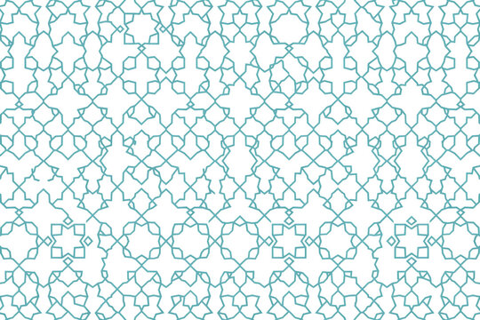 Teal geometric islamic pattern with interlocking lines and shapes isolated on a transparent background