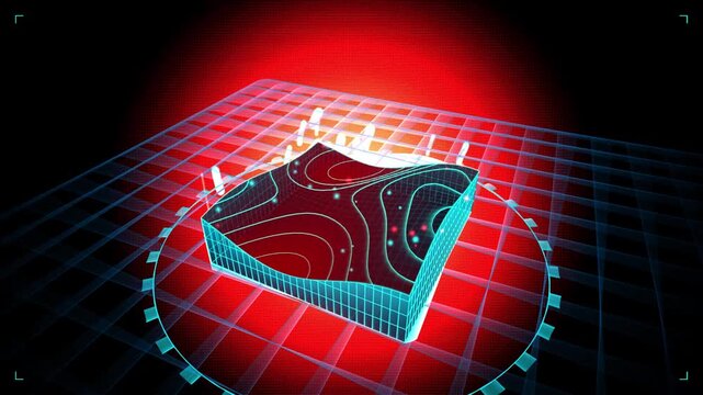 Futuristic 3 d topographic map visualization with glowing contour lines and data points on a