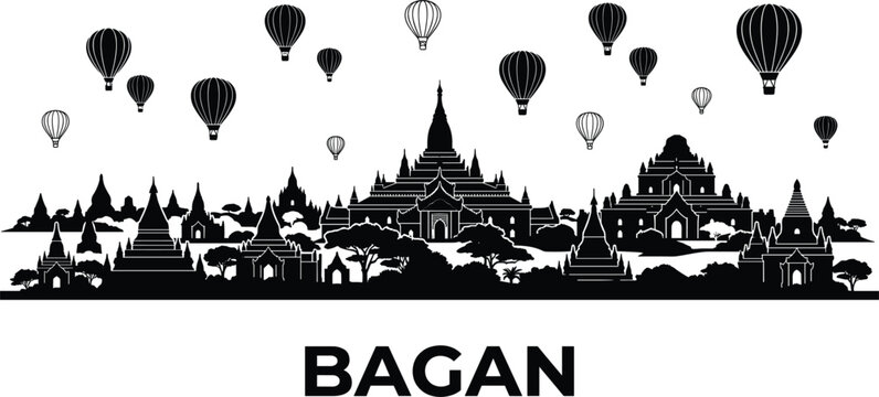 Bagan city skyline with ancient Buddhist temples and hot air balloons flying over famous myanmar landmark isolated white background