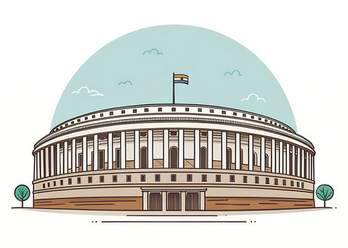 Parliament House, New Delhi  circular monumental government building with repeating columns.