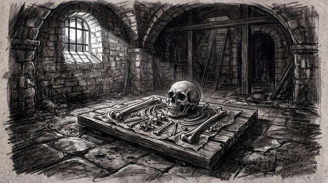 Halloween skull and bones in a dark stone dungeon sketch