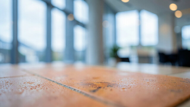Dark Walnut Wood Tabletop on Luxury Hotel Rooftop Terrace Overlooking Urban Metropolis Luxury City B
