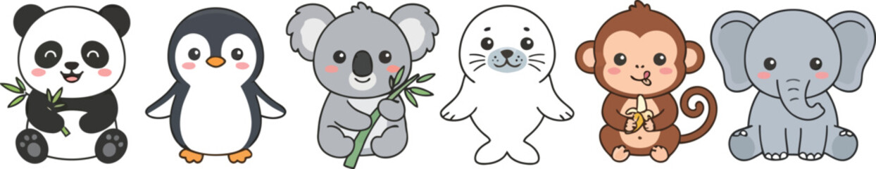 Obraz premium A collection of cute cartoon animals including a panda penguin koala seal monkey and elephant.