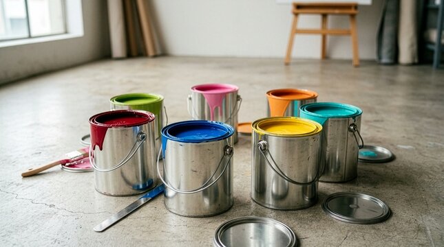 A low-angle shot of open metallic paint cans filled with colorful bright paint on a concrete floor in an art studio background, representing home renovation and interior design.