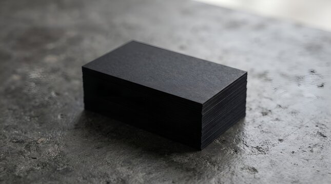 Minimalist black business card mockup, stack of premium dark paper cards on stone surface, professional branding stationery