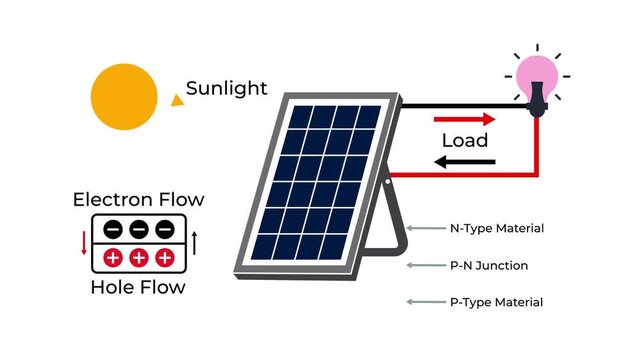 Detailed educational infographic animation explaining the working principle of a solar panel with sunlight, p-n junction, and electric load