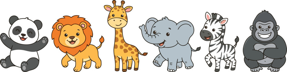 Obraz premium A collection of cute cartoon wild animals standing in a row.