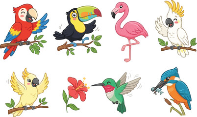 Fototapeta premium A collection of colorful cartoon tropical birds including parrots toucans and hummingbirds.