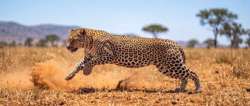 Leopard in Motion: A powerful leopard streaks across the dry savanna, kicking up a cloud of dust as it moves with predatory grace through the sun-drenched landscape.