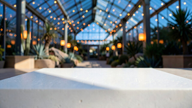 Honed Grey Concrete Table Surface on High End Botanical Rooftop Bar with Green Foliage Blur Luxury C