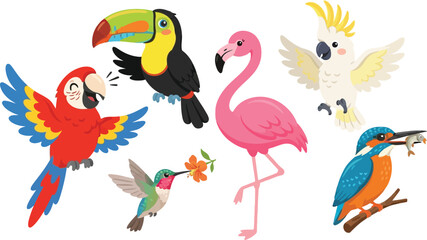 Fototapeta premium A collection of colorful tropical birds including a parrot toucan flamingo and hummingbird.