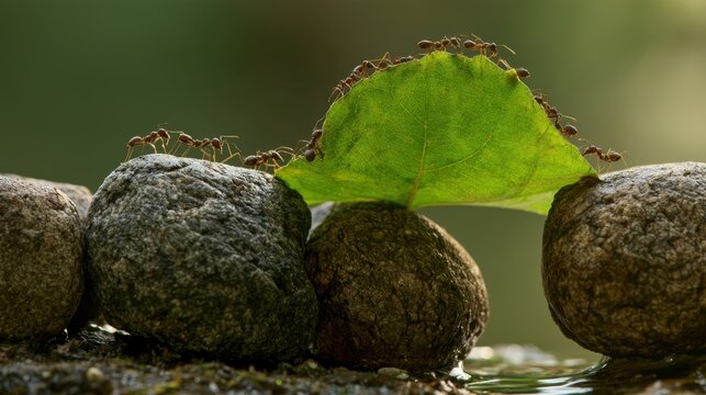 Tiny ants working together to carry a large green leaf across small round rocks over water surface in natural outdoor environment