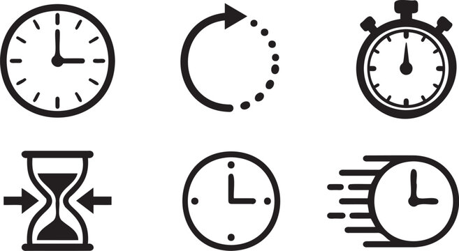 Collection of minimalist black and white vector clock icons showcasing time management speed duration and countdown symbols for digital interface designs