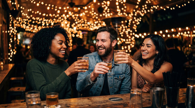 Friends enjoying drinks and laughter at a bar with string lights