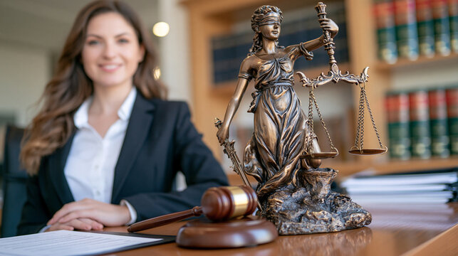 Legal professional standing confidently in a sophisticated law office beside a Lady Justice statue, balanced scales and wooden gavel arranged on a polished desk, legal documents and law books in bac