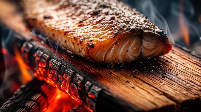Arctic char cooks on smoldering wood plank over hot coals. Smoke rises from fire grilled fish fillet. Authentic meal preparation, macro detail.