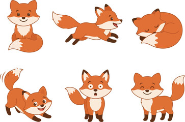 Fototapeta premium A collection of six cute cartoon foxes in various poses and expressions.
