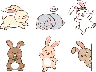 Fototapeta premium A collection of six cute cartoon rabbits in various poses and expressions.