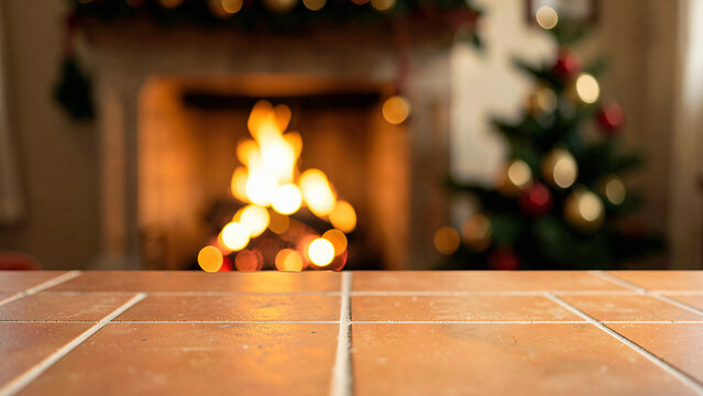 Solitary Warm Terracotta Tiled Surface Complete with Christmas Hearth Display