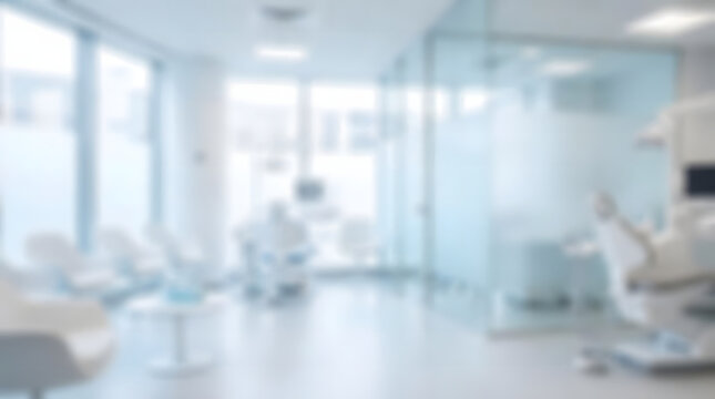 Blurry healthcare office interior with patient treatment chairs.