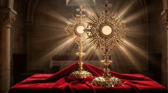 Ornate gold monstrance with consecrated host on red velvet altar in quiet chapel. Sacred rays of light shine behind holy vessel during catholic communion ceremony. Religious ritual for eucharist