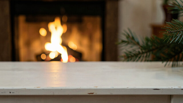 Close Up of an Empty a Pale Limewashed Wood Table as a Cozy Hearth Mockup