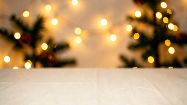 Linen Tablecloth Surface as a Clean Base with Festive Tree Bokeh