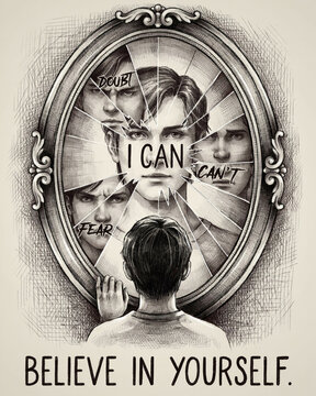 Young person looking at their own reflection in a cracked mirror with positive affirmation text self reflection positive thinking believe in yourself self confidence mental growth personal devel
