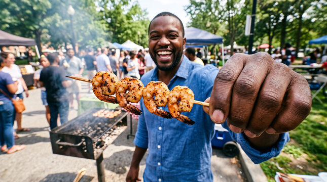 Man happily holding grilled shrimp skewers at an outdoor food festival