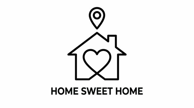 Minimalist home sweet home vector icon, house outline with heart and map pin, real estate location logo for branding